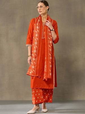 women embroidered regular sequinned cotton kurta with palazzos & with dupatta 4