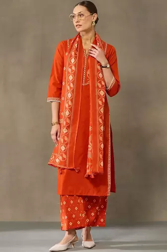 women embroidered regular sequinned cotton kurta with palazzos & with dupatta