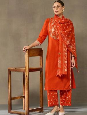 women embroidered regular sequinned cotton kurta with palazzos & with dupatta 5