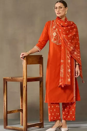 women embroidered regular sequinned cotton kurta with palazzos & with dupatta