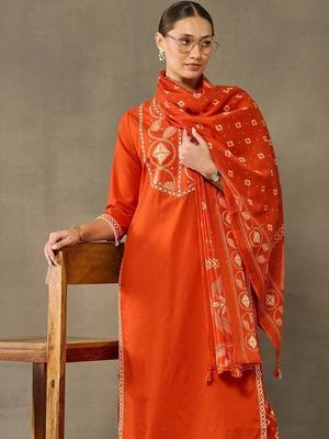 women embroidered regular sequinned cotton kurta with palazzos & with dupatta 6