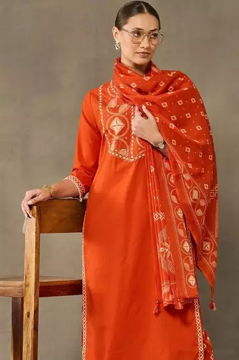 women embroidered regular sequinned cotton kurta with palazzos & with dupatta