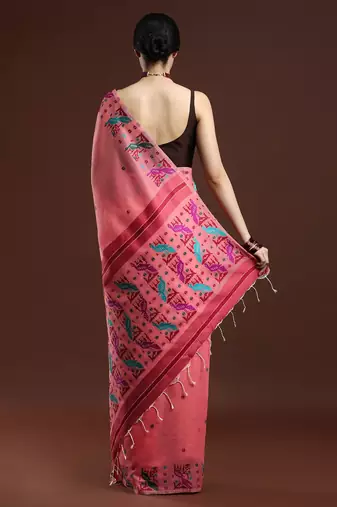 pink woven design muga saree