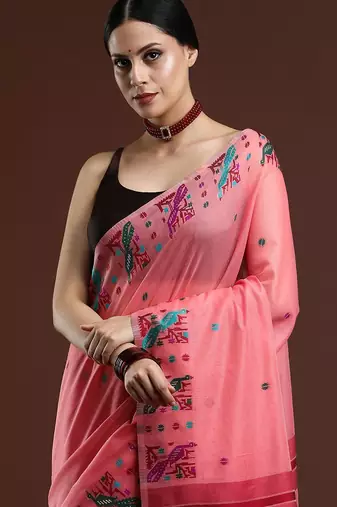 pink woven design muga saree
