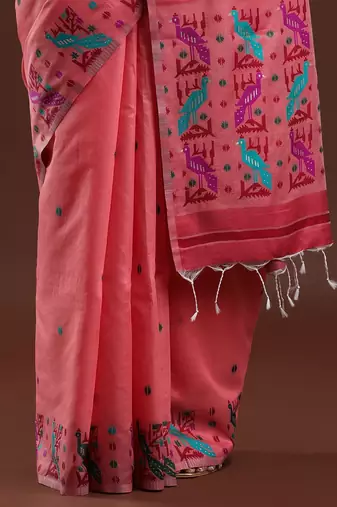 pink woven design muga saree