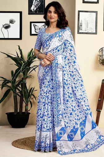 white floral print pure cotton ready to wear saree