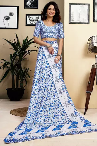 white floral print pure cotton ready to wear saree