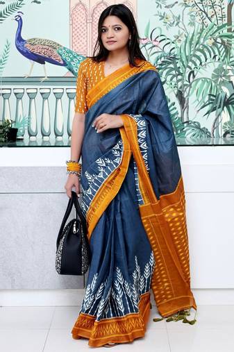 grey floral ikat saree