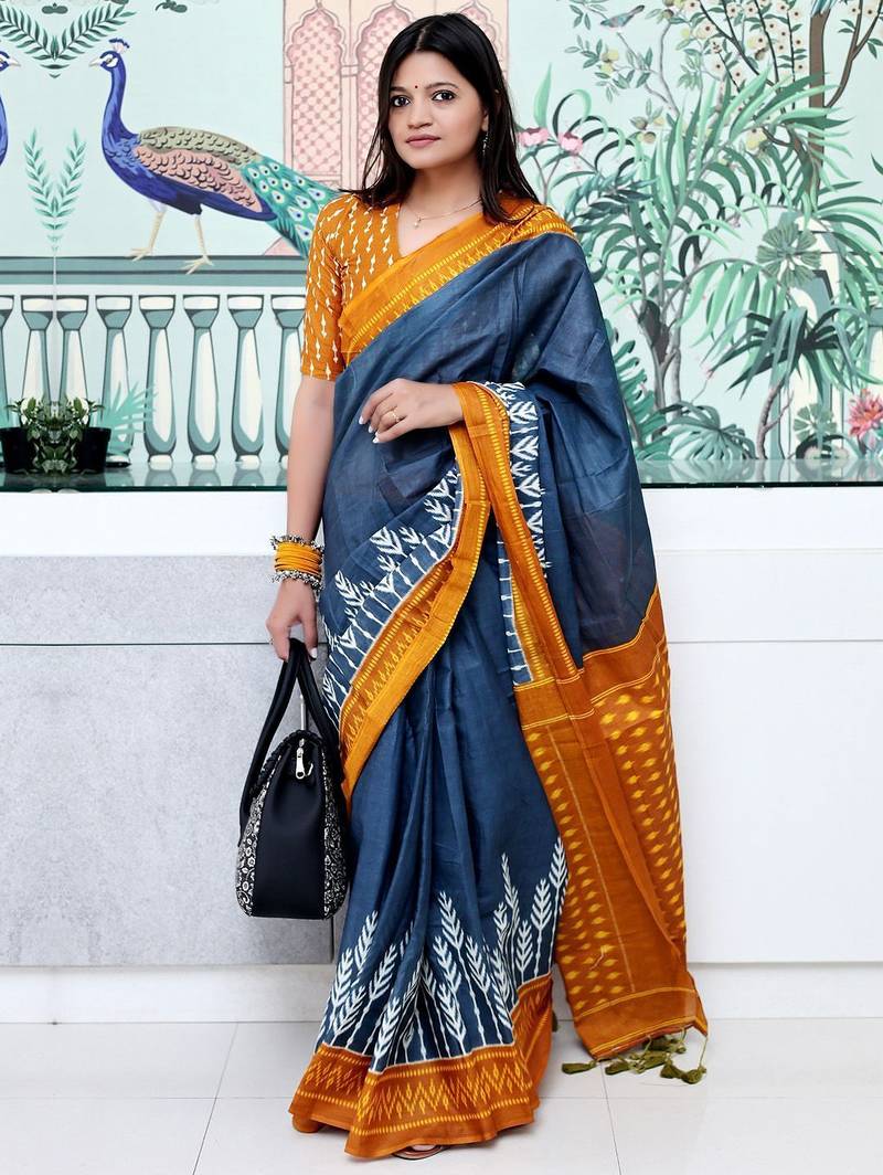 grey floral ikat saree