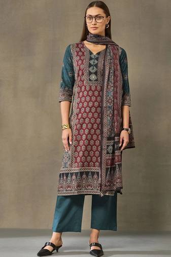 women ethnic motifs printed regular cotton kurta with palazzos & with dupatta