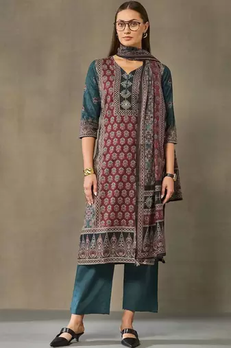 women ethnic motifs printed regular cotton kurta with palazzos & with dupatta