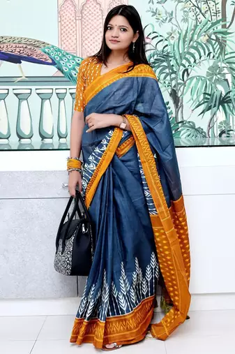 grey floral ikat saree