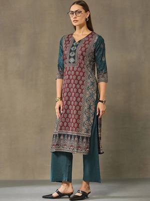 women ethnic motifs printed regular cotton kurta with palazzos & with dupatta 2