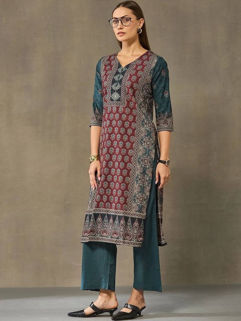 women ethnic motifs printed regular cotton kurta with palazzos & with dupatta