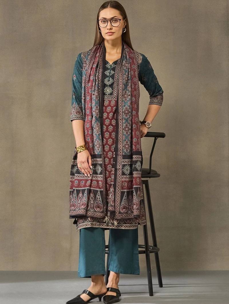women ethnic motifs printed regular cotton kurta with palazzos & with dupatta