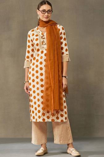 women printed regular cotton kurta with palazzos & with dupatta