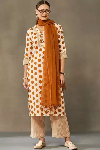 women printed regular cotton kurta with palazzos & with dupatta