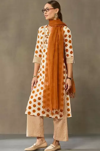 women printed regular cotton kurta with palazzos & with dupatta