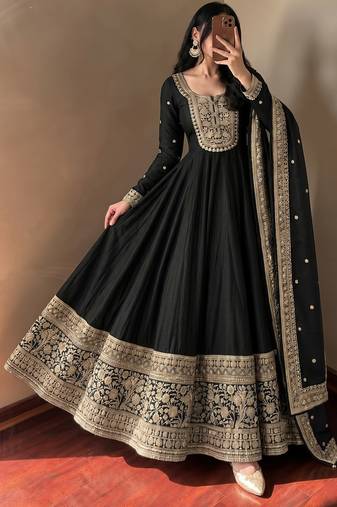 Women's black heavy zari & sequins work anarkali suit set with straight pant and embroidered dupatta
