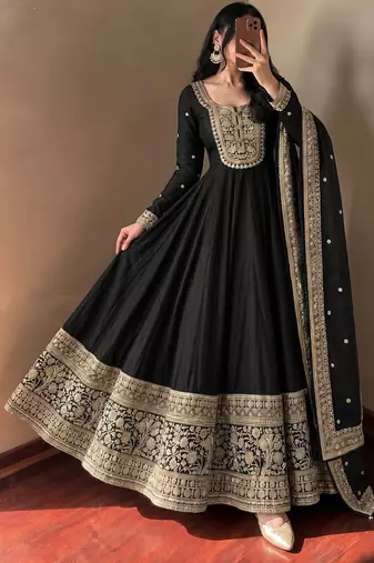 Women's black heavy zari & sequins work anarkali suit set with straight pant and embroidered dupatta