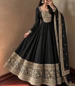 Women's black heavy zari & sequins work anarkali suit set with straight pant and embroidered dupatta
