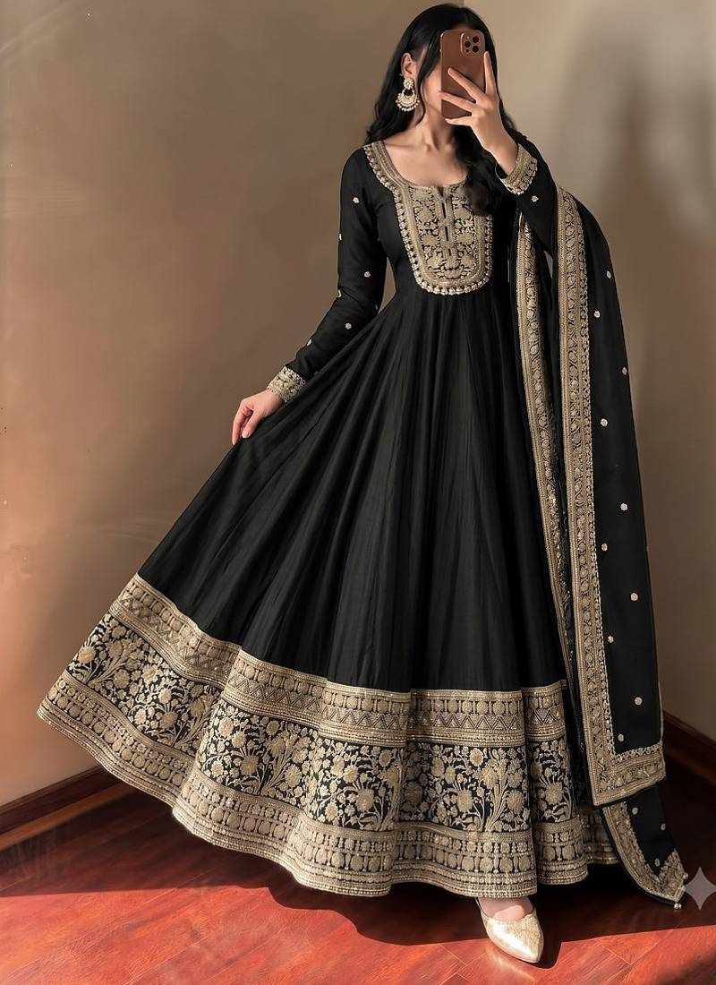 Women's black heavy zari & sequins work anarkali suit set with straight pant and embroidered dupatta