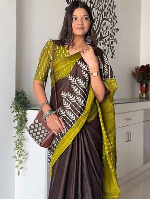 brown floral ikat saree 1
