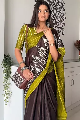 brown floral ikat saree