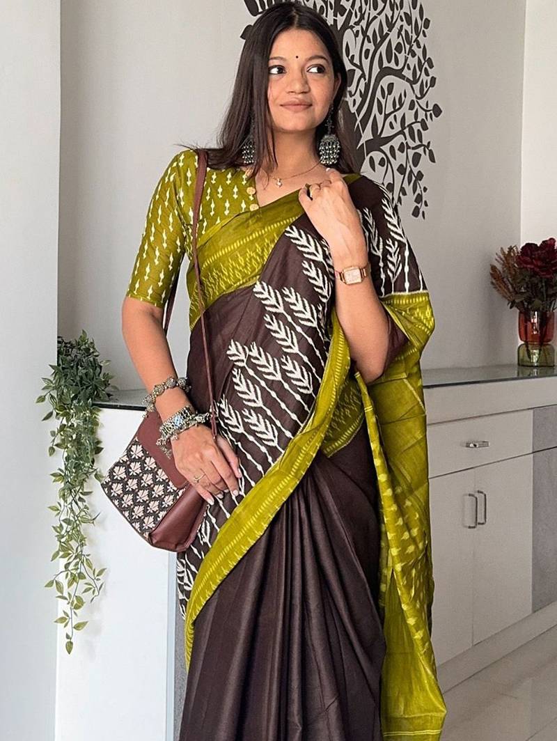 brown floral ikat saree