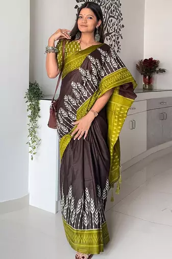 brown floral ikat saree