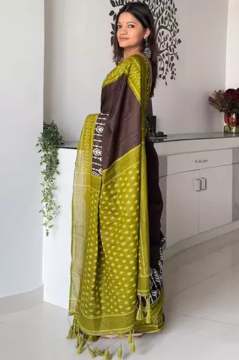 brown floral ikat saree