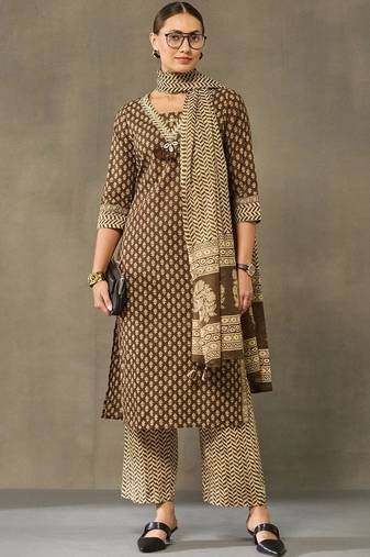 women ethnic motifs printed regular cotton kurta with palazzos & with dupatta