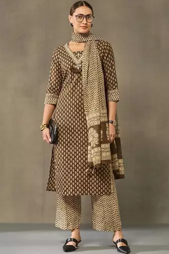 women ethnic motifs printed regular cotton kurta with palazzos & with dupatta