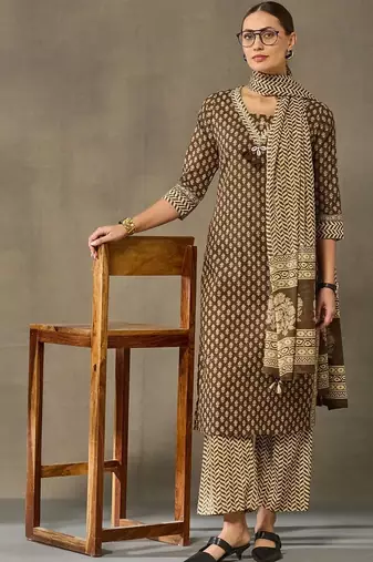 women ethnic motifs printed regular cotton kurta with palazzos & with dupatta