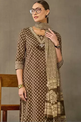 women ethnic motifs printed regular cotton kurta with palazzos & with dupatta