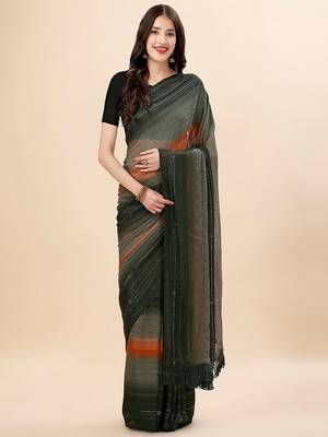 green green & brown striped beads & stone work pure chiffon saree 1