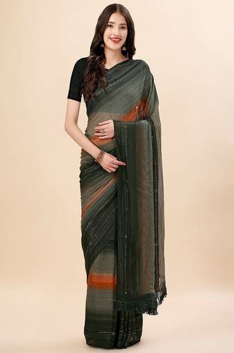green green & brown striped beads & stone work pure chiffon saree