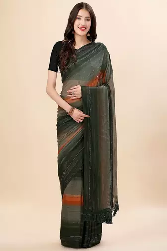green green & brown striped beads & stone work pure chiffon saree