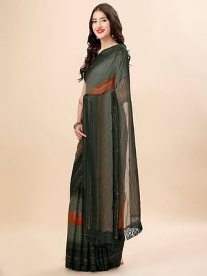 green green & brown striped beads & stone work pure chiffon saree 2
