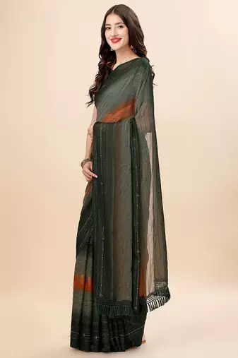 green green & brown striped beads & stone work pure chiffon saree