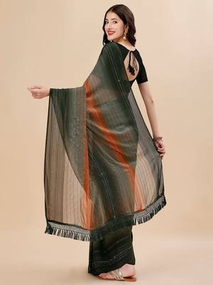 green green & brown striped beads & stone work pure chiffon saree 3