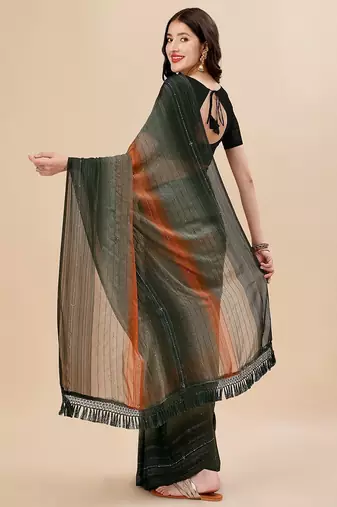 green green & brown striped beads & stone work pure chiffon saree