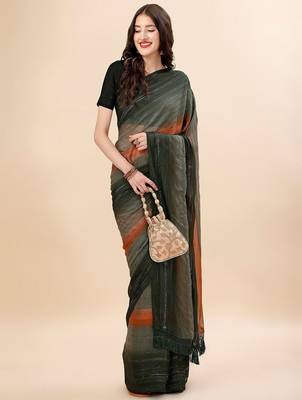 green green & brown striped beads & stone work pure chiffon saree 4