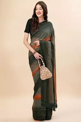 green green & brown striped beads & stone work pure chiffon saree
