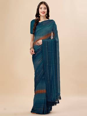 teal teal & brown striped beads & stone work pure chiffon saree 1