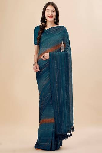 teal teal & brown striped beads & stone work pure chiffon saree