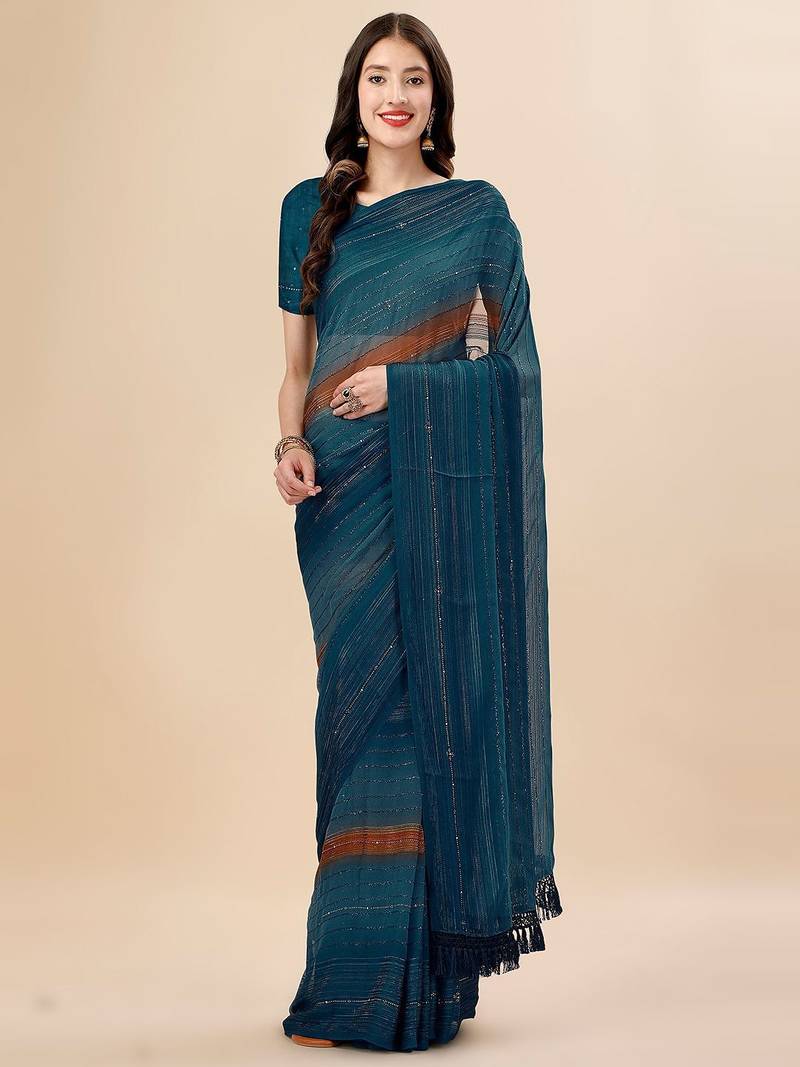 teal teal & brown striped beads & stone work pure chiffon saree