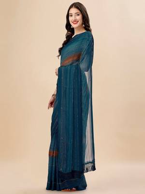 teal teal & brown striped beads & stone work pure chiffon saree 2
