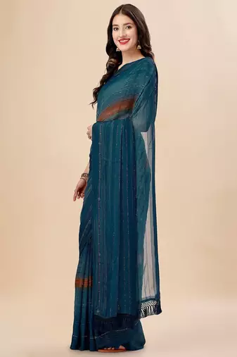 teal teal & brown striped beads & stone work pure chiffon saree