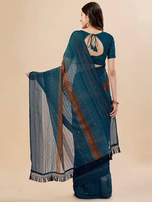 teal teal & brown striped beads & stone work pure chiffon saree 3
